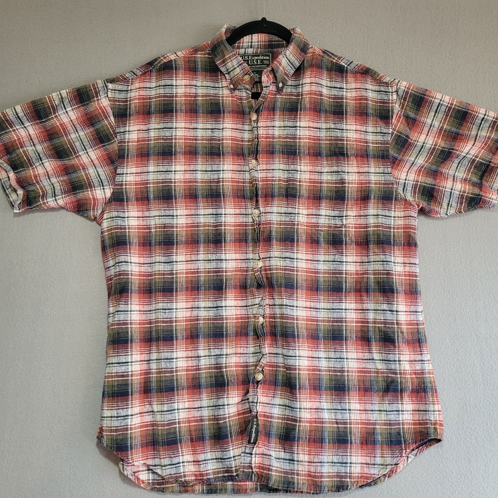 US Expedition USE Mens Medium Linen Cotton Plaid Short Sleeve Button Down Shirt